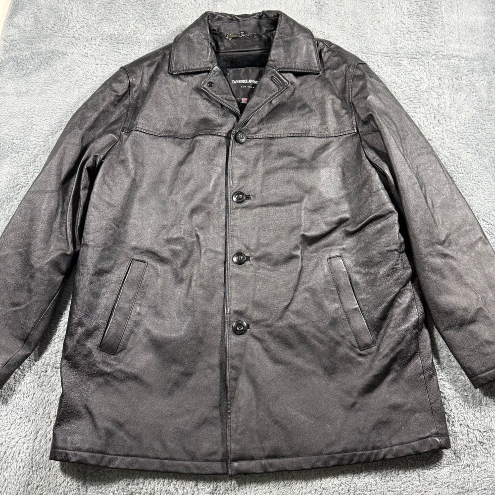 Vintage Tanners Avenue Black Leather‎ Car Coat Jacket Removable Fur Liner XL